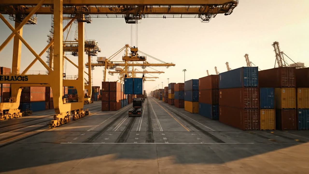 Container terminal with gantry cranes loading a truck at sunrise
